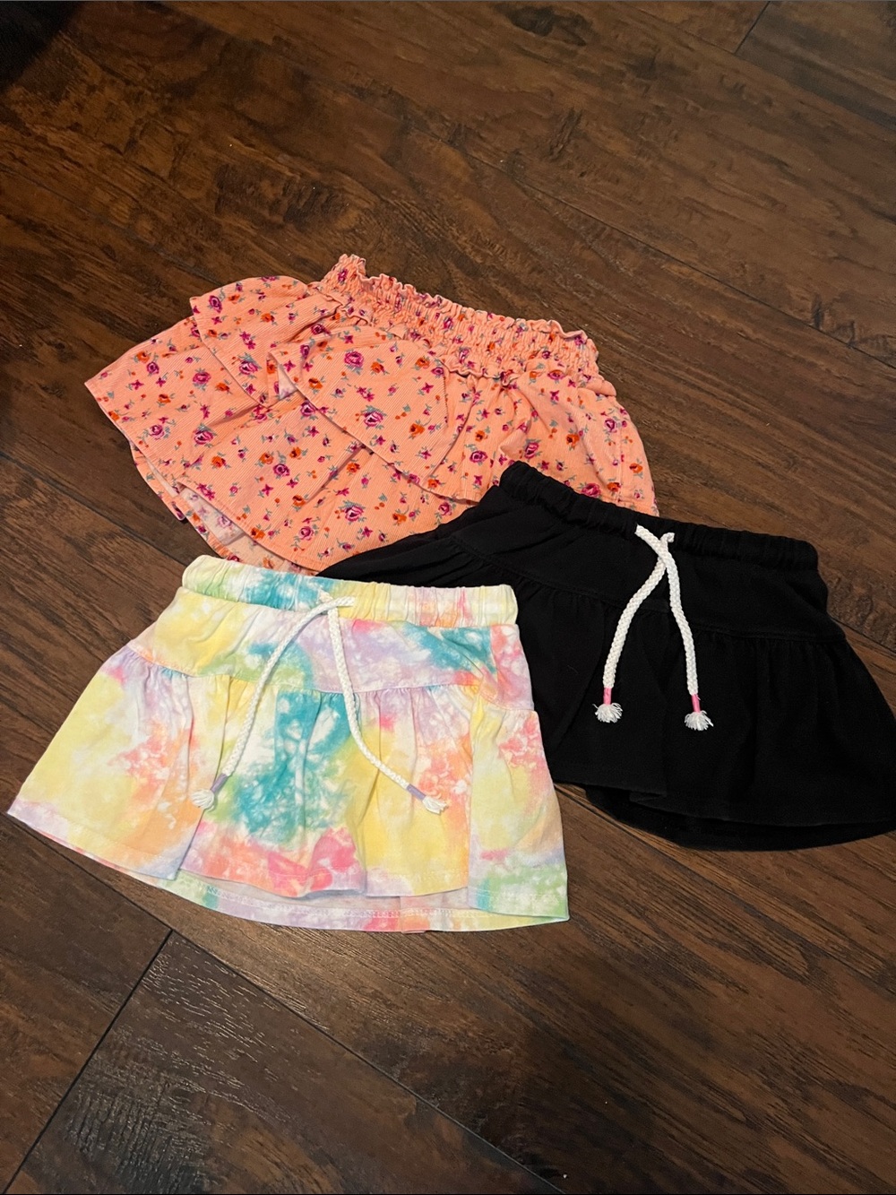 Girls 3-Pack Skirted Shorts Set - Peach Floral, Tie-Dye Pastel, Black